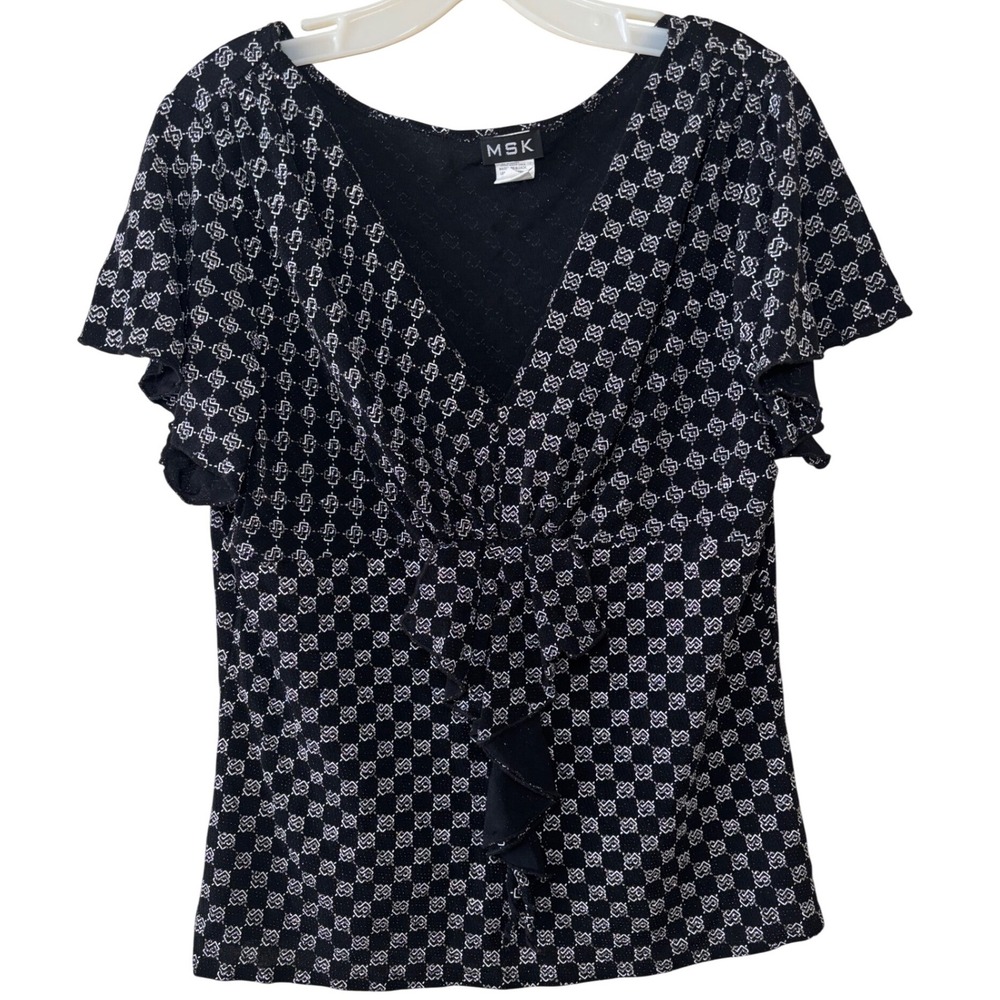 MSK Black White Ruched Ruffle Blouse XL Short Sleeve Glitter Work Clean Girl
